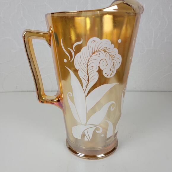 Vintage Jeanette Marigold Pitcher 9" Amber Peach Carnival Glass‎ Feather - Picture 10 of 13